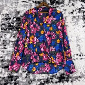 HALOGEN Floral Wrap Front Long Sleeve Silk Blend Blouse Women's Size S